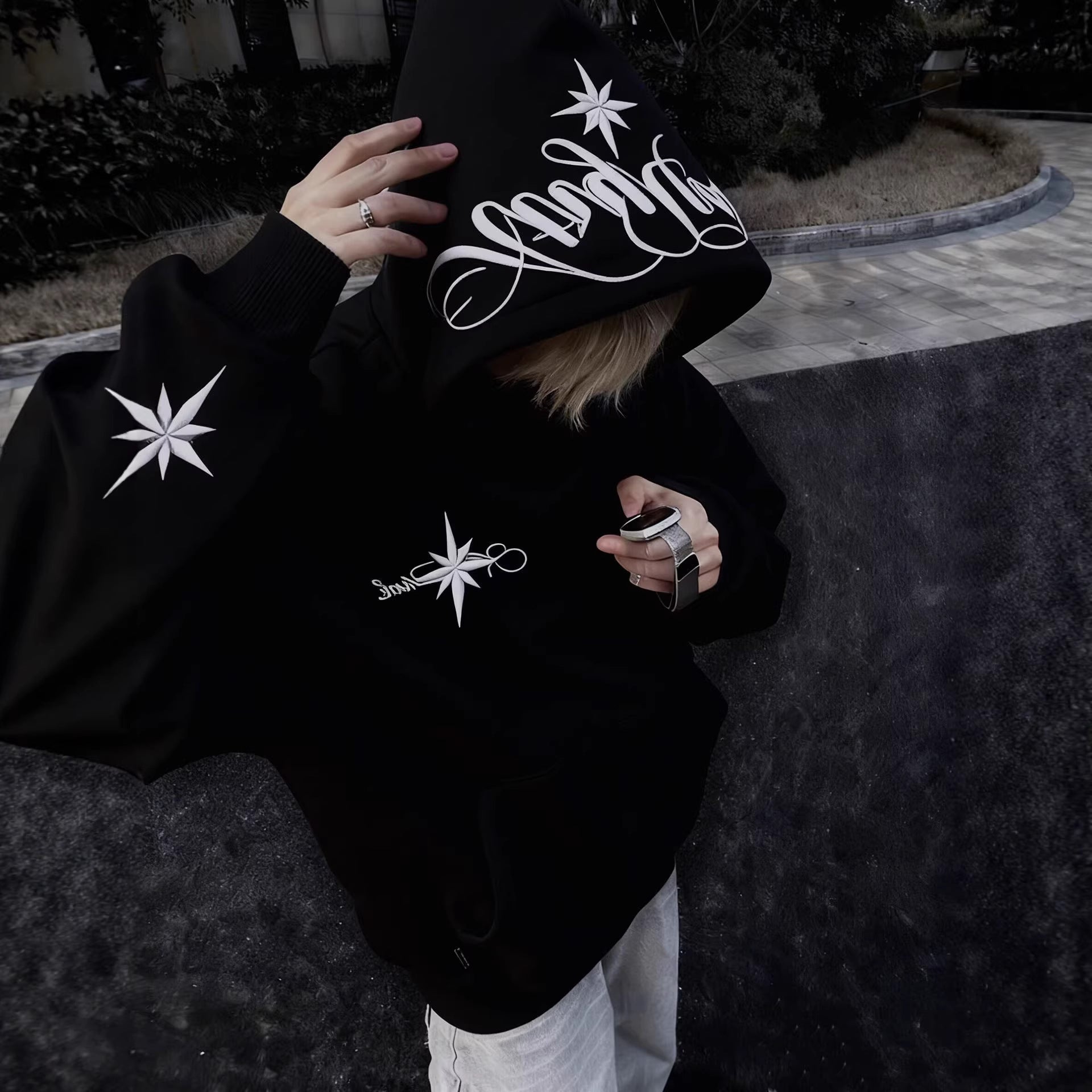 High-Street Embroidered Loose-Fit Hoodie Coat